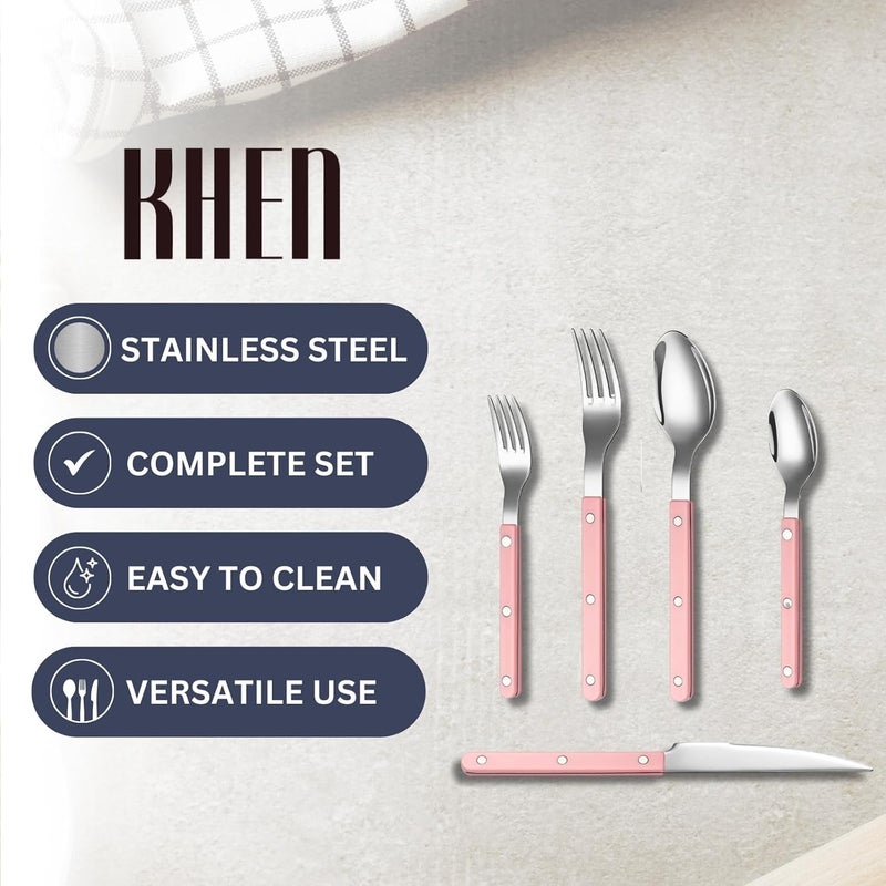 Khen Cutlery Set of 20 188 Stainless Steel Flatware Modern Silverware for Home Kitchen Dining  Table Setting for 4  Stainless Steel Dishwasher Safe Lightweight  Ergonomic Design Gift  Pink - Image 4