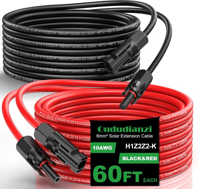 Oududianzi كابل تمديد شمسي 60 قدم، كابل شمسي 10AWG، سلك نحاسي مطلي بالقصدير 10 قياس، أسلاك وأجهزة توصيل الألواح الشمسية للأسطح المنزلية، RV، التخييم، القوارب، مجموعة من 2 - Image 1