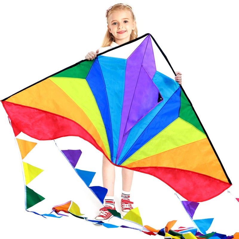 Honbo Large Delta Kite for Kids & Adults,Extremely Easy to Fly Kite for Beach Trip,String Line Included,with Colorful Colors Tail,Perfect for Beginners, - Image 1