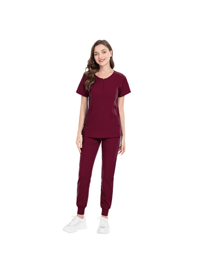 NIBEMINENT Medical Scrubs Set Nurse Uniforms Women Surgical Suit Zip V-neck Pocket Tops+Jogger Pants Hospital Dental Clinic Doctor Workwear - Image 1