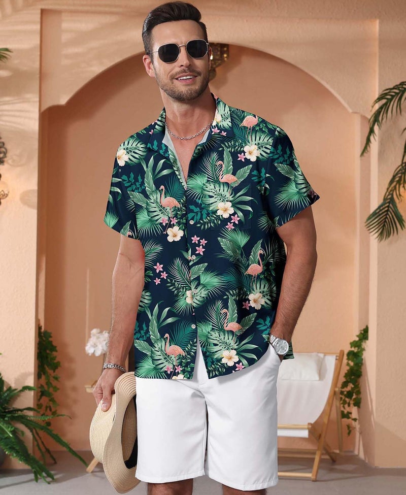 KYKU Men's Hawaiian Shirts Vacation Button Up Shirt Flamingo, Green, X-Large - Image 3