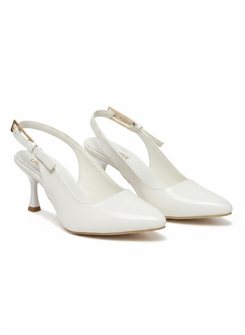 Shoes Heels Leather With Buckle Classy F-609 - White