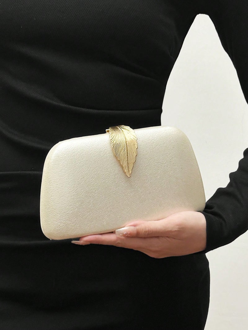 Elegant Women’s Light Gold Evening Clutch with Leaf Accent and Luxury Chain – Perfect for Special Occasions - Image 1