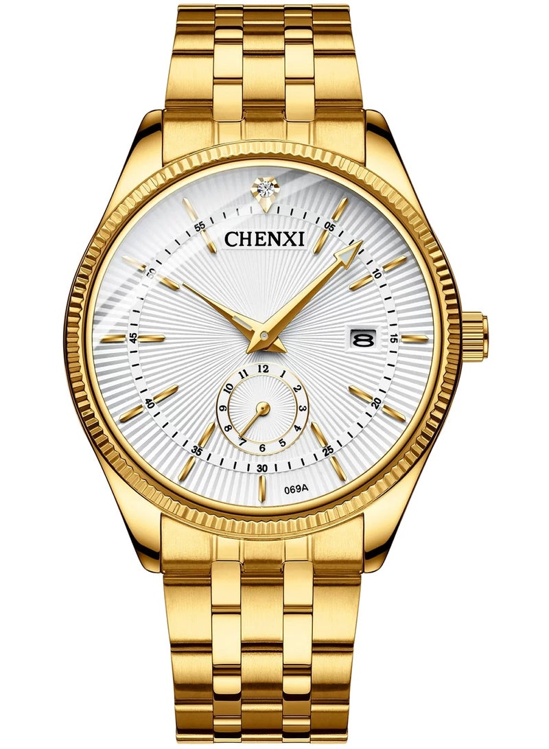 Chenxi ساعة يد أنالوج كوارتز للرجال - ساعة كلاسيكية من الفولاذ المقاوم للصدأ مع عقارب مضيئة، عرض التاريخ، مقاومة للماء 3ATM، ساعة ذهبية للأعمال والكاجوال للرجال - Image 1