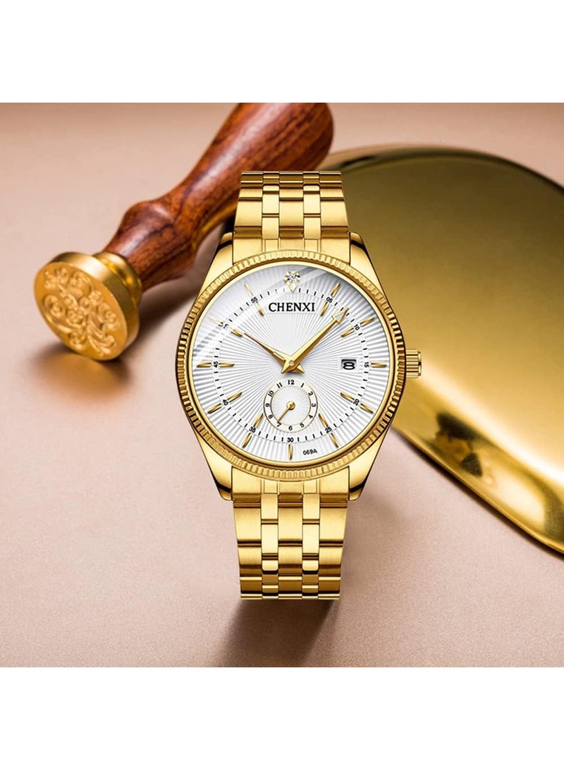 Chenxi ساعة يد أنالوج كوارتز للرجال - ساعة كلاسيكية من الفولاذ المقاوم للصدأ مع عقارب مضيئة، عرض التاريخ، مقاومة للماء 3ATM، ساعة ذهبية للأعمال والكاجوال للرجال - Image 3