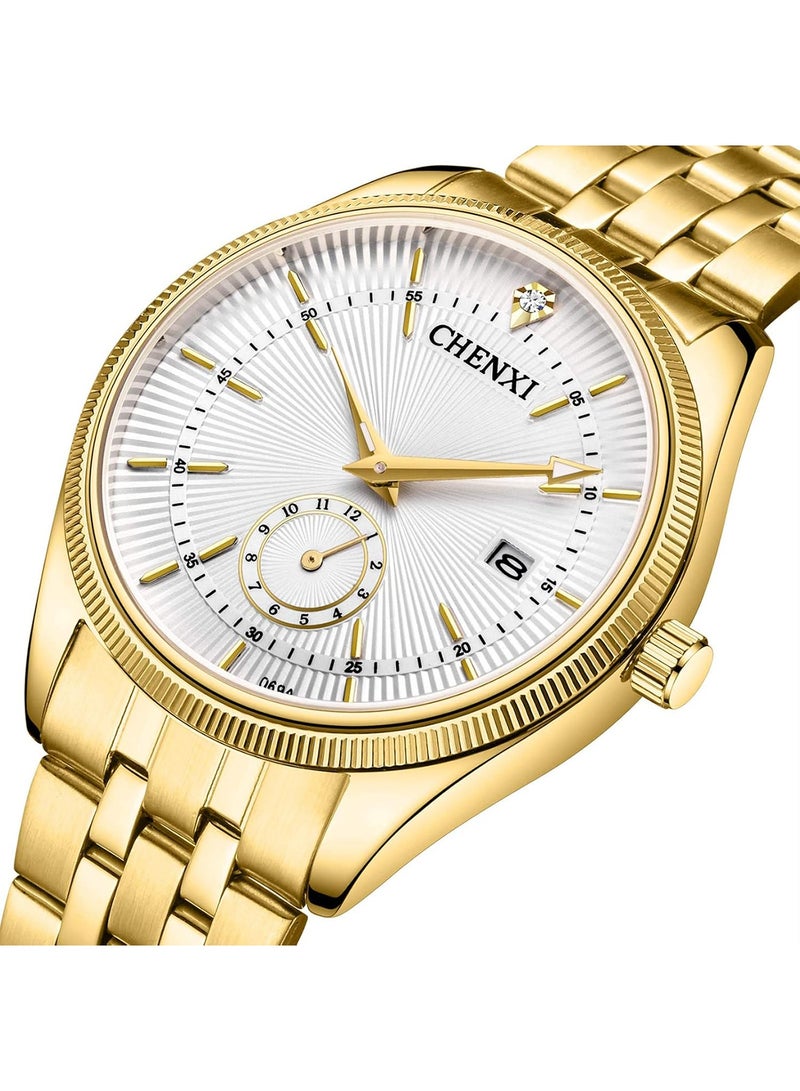 Chenxi ساعة يد أنالوج كوارتز للرجال - ساعة كلاسيكية من الفولاذ المقاوم للصدأ مع عقارب مضيئة، عرض التاريخ، مقاومة للماء 3ATM، ساعة ذهبية للأعمال والكاجوال للرجال - Image 2