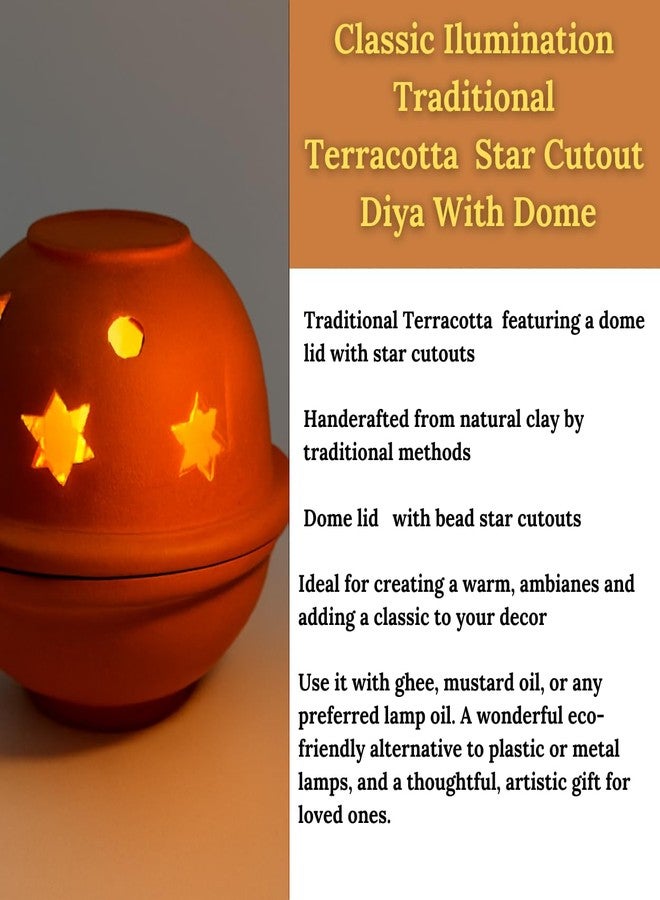 Himavat Handmade Terracotta Non Stop Diya Butter| Oil Diya with Dome | Clay Oil Lamp with Star Cut Out Lid | Traditional Decorative Diyaa for Diwali, Puja, Home Décor, Gifting (Pack of 1) - Image 4