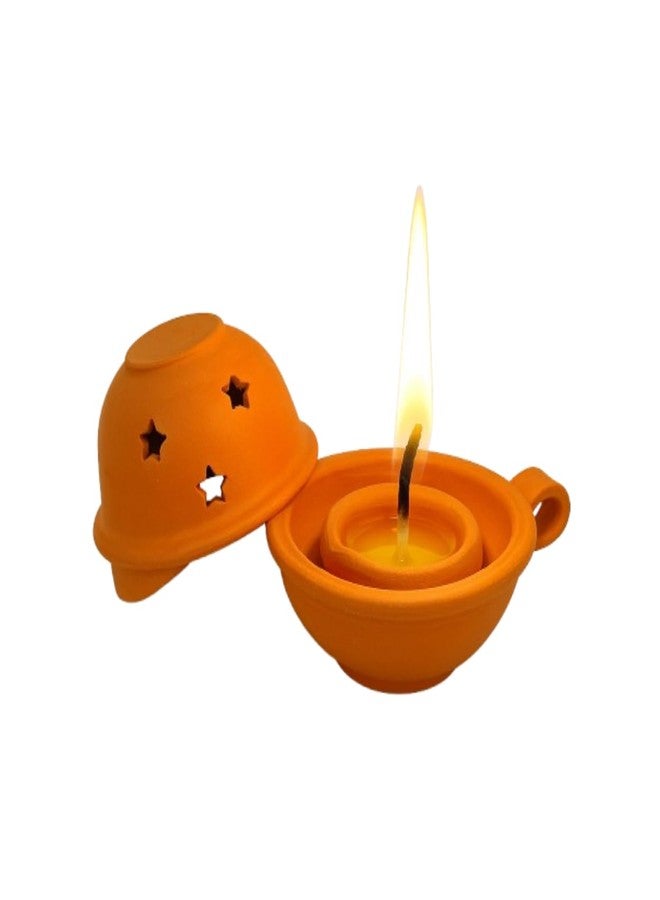 Himavat Handmade Terracotta Non Stop Diya Butter| Oil Diya with Dome | Clay Oil Lamp with Star Cut Out Lid | Traditional Decorative Diyaa for Diwali, Puja, Home Décor, Gifting (Pack of 1) - Image 2