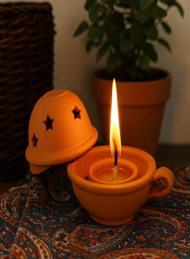 Himavat Handmade Terracotta Non Stop Diya Butter| Oil Diya with Dome | Clay Oil Lamp with Star Cut Out Lid | Traditional Decorative Diyaa for Diwali, Puja, Home Décor, Gifting (Pack of 1) - Image 1