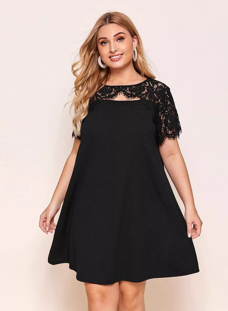 Plus Eyelash Lace Yoke Solid Dress  - Image 1