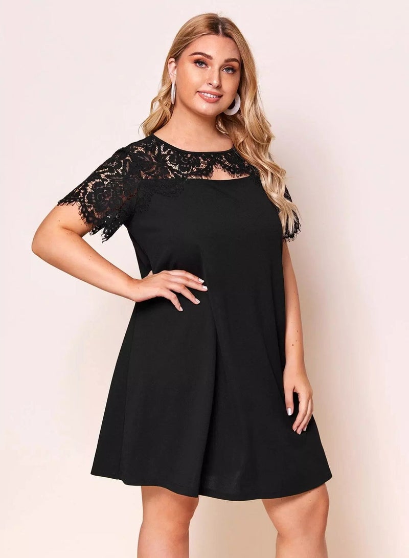 Plus Eyelash Lace Yoke Solid Dress  - Image 4