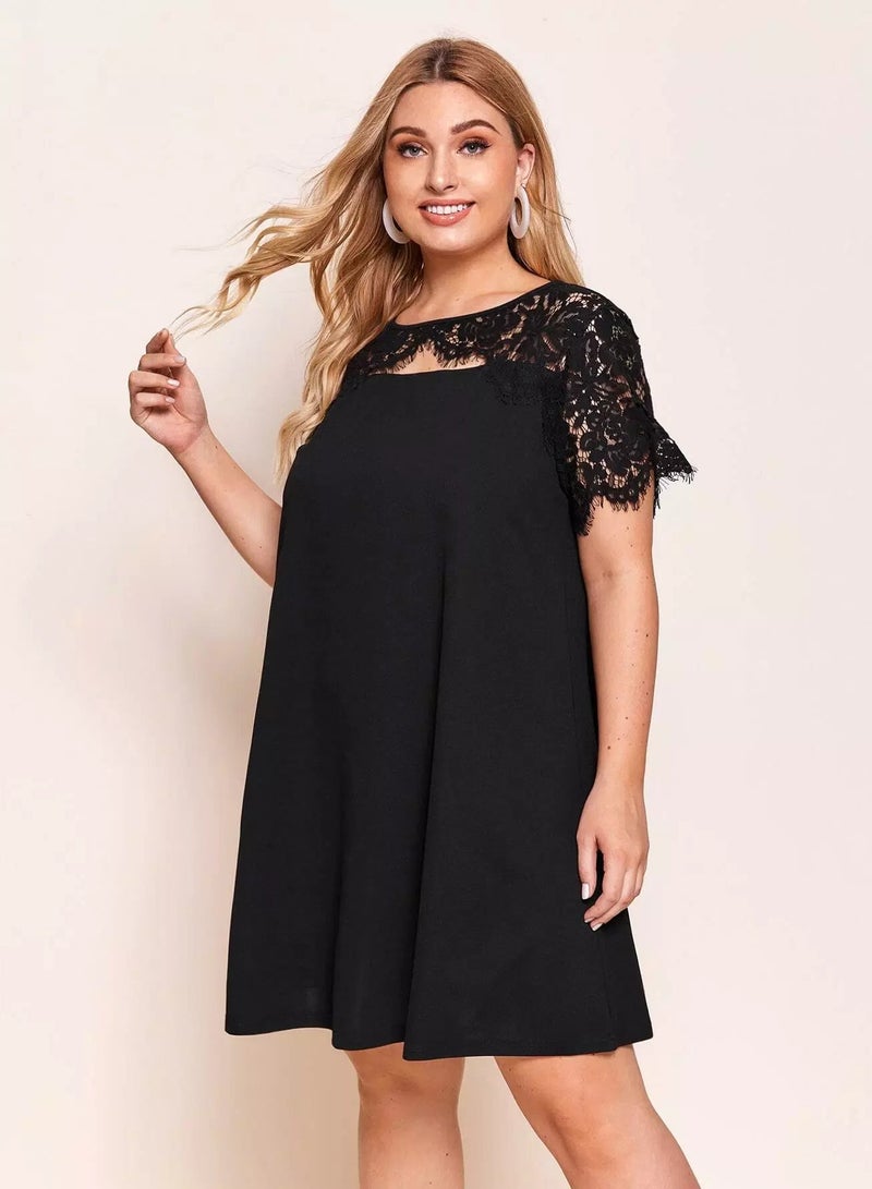 Plus Eyelash Lace Yoke Solid Dress  - Image 3