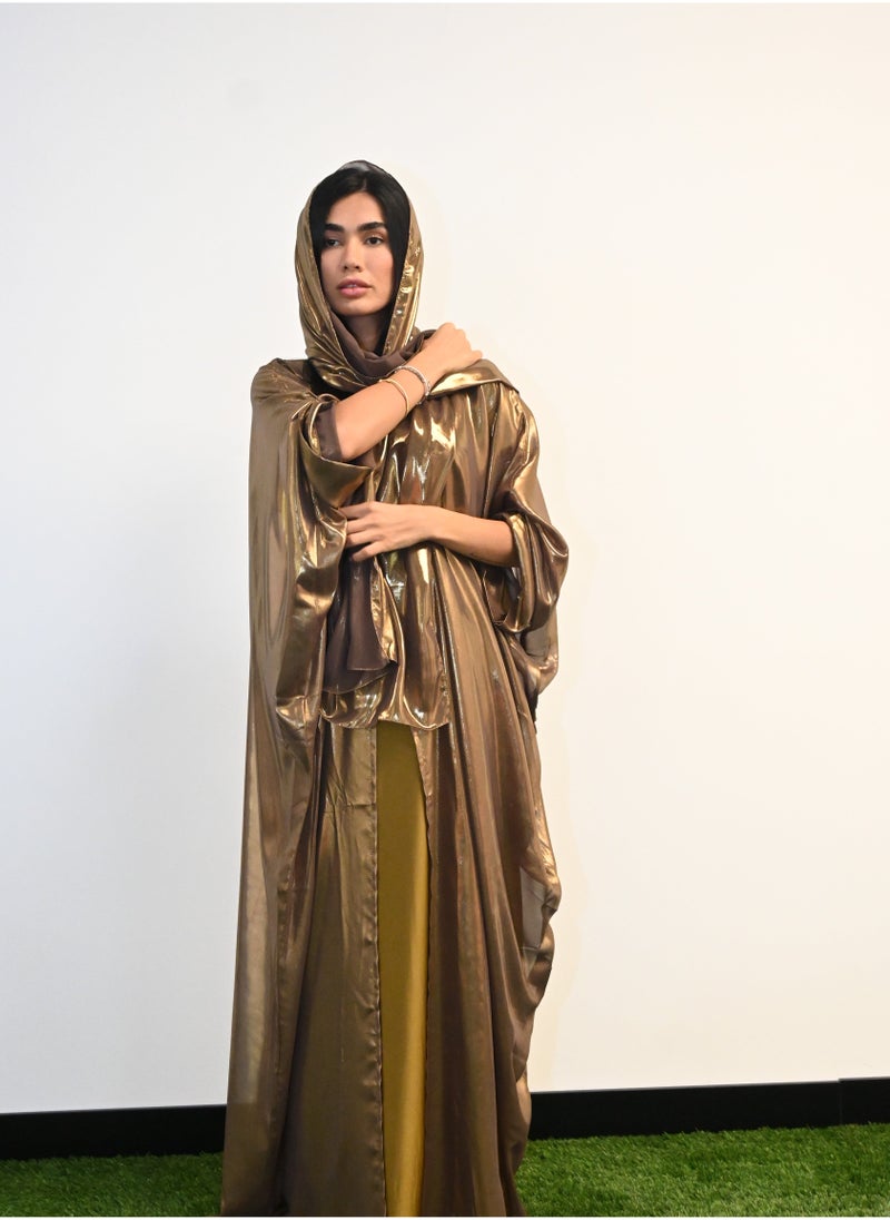 JAMEELA Brown Gold Shiny Kaftan Open Abaya - Image 1