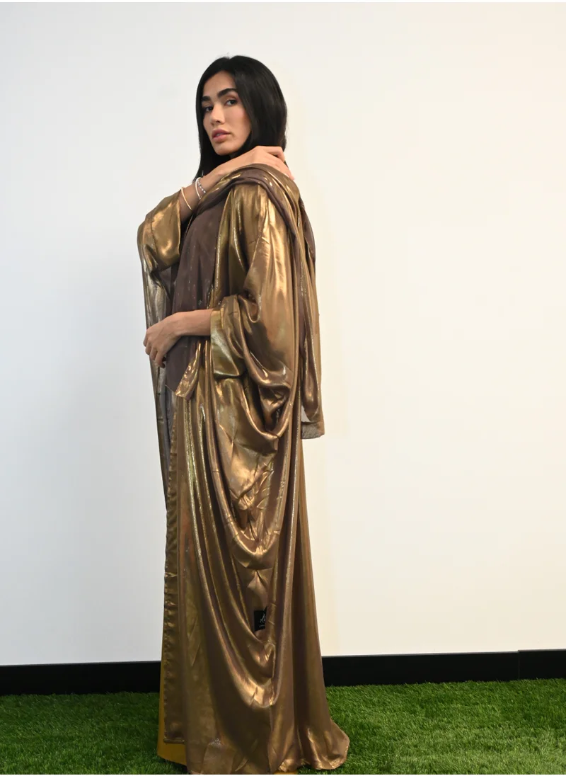 جميلة Brown Gold Shiny Kaftan Open Abaya