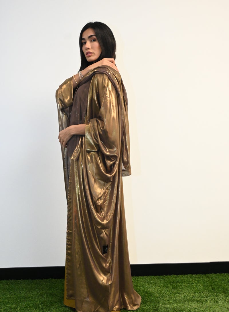 JAMEELA Brown Gold Shiny Kaftan Open Abaya - Image 3