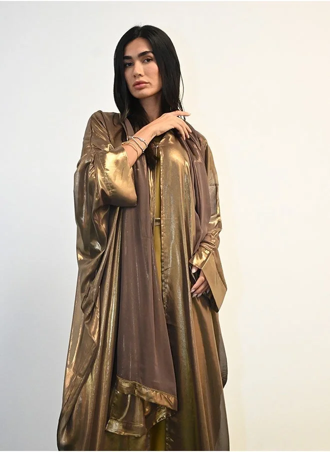 JAMEELA Brown Gold Shiny Kaftan Open Abaya