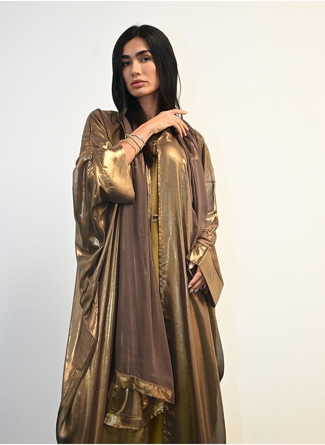JAMEELA Brown Gold Shiny Kaftan Open Abaya - Image 2