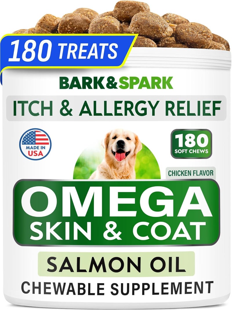 BARK&SPARK أوميغا 3 للكلاب - 180 وجبة زيت سمك لتساقط شعر الكلاب، حساسية الجلد، تخفيف الحكة، علاج البقع الساخنة - صحة المفاصل - مكمل للجلد والفرو - أحماض EPA و DHA الدهنية - زيت السلمون - Image 1