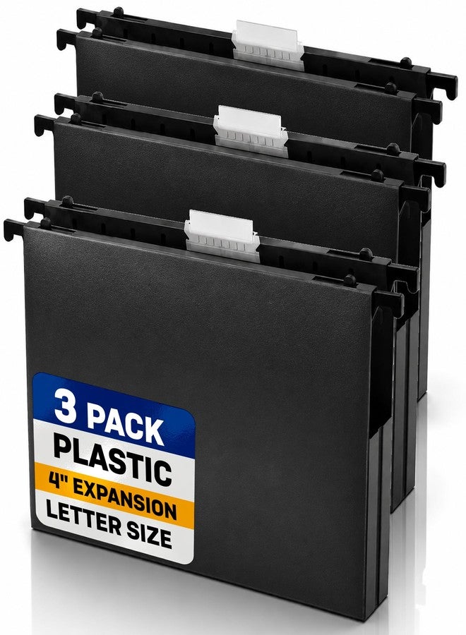 JUZARI 3 Pack Heavy Duty Hanging File Folders Plastic Letter Size 4 Inch Expandable - Black 8.5x11 Hanging File Folders for Cabinets, Wide Large Extra Capacity Expansion Folder for Office Home - Image 1