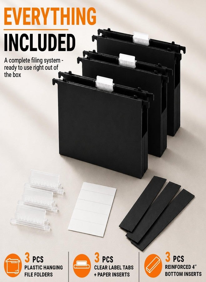 JUZARI 3 Pack Heavy Duty Hanging File Folders Plastic Letter Size 4 Inch Expandable - Black 8.5x11 Hanging File Folders for Cabinets, Wide Large Extra Capacity Expansion Folder for Office Home - Image 2