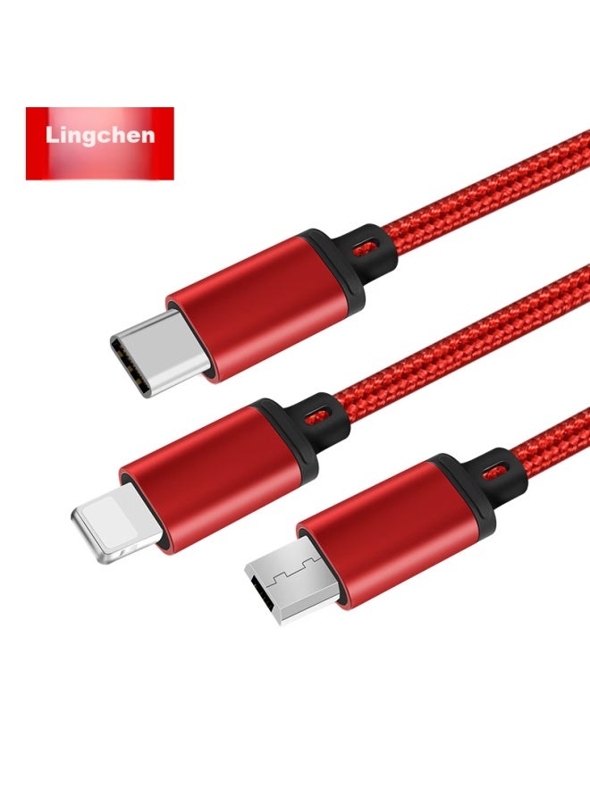 LINGCHEN Data Cable Three-in Apple Type-c Android Phone Charger Cable With Three-head Adapter For Iphone 14/13/12, Car Power Cord, 1.2 Meters, Red - Image 2