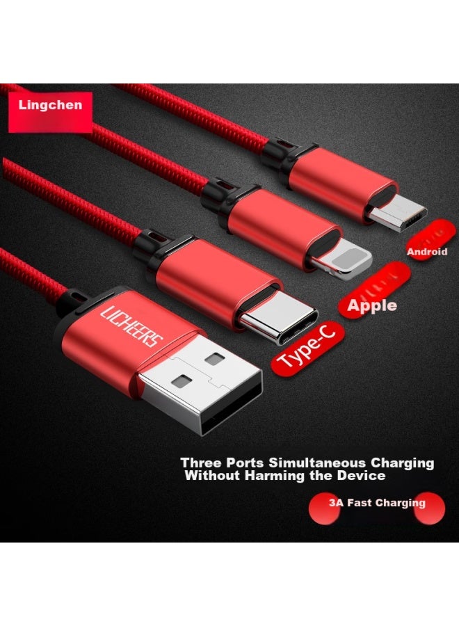 LINGCHEN Data Cable Three-in Apple Type-c Android Phone Charger Cable With Three-head Adapter For Iphone 14/13/12, Car Power Cord, 1.2 Meters, Red - Image 1