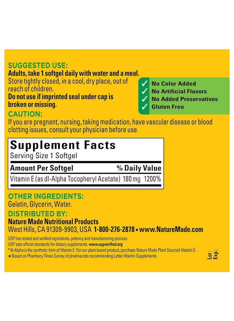 Nature Made - Vitamin E 180 Mg 400 Iu Dlalpha Dietary Supplement For Antioxidant Support 300 Softgels 300 Day Supply - Image 1