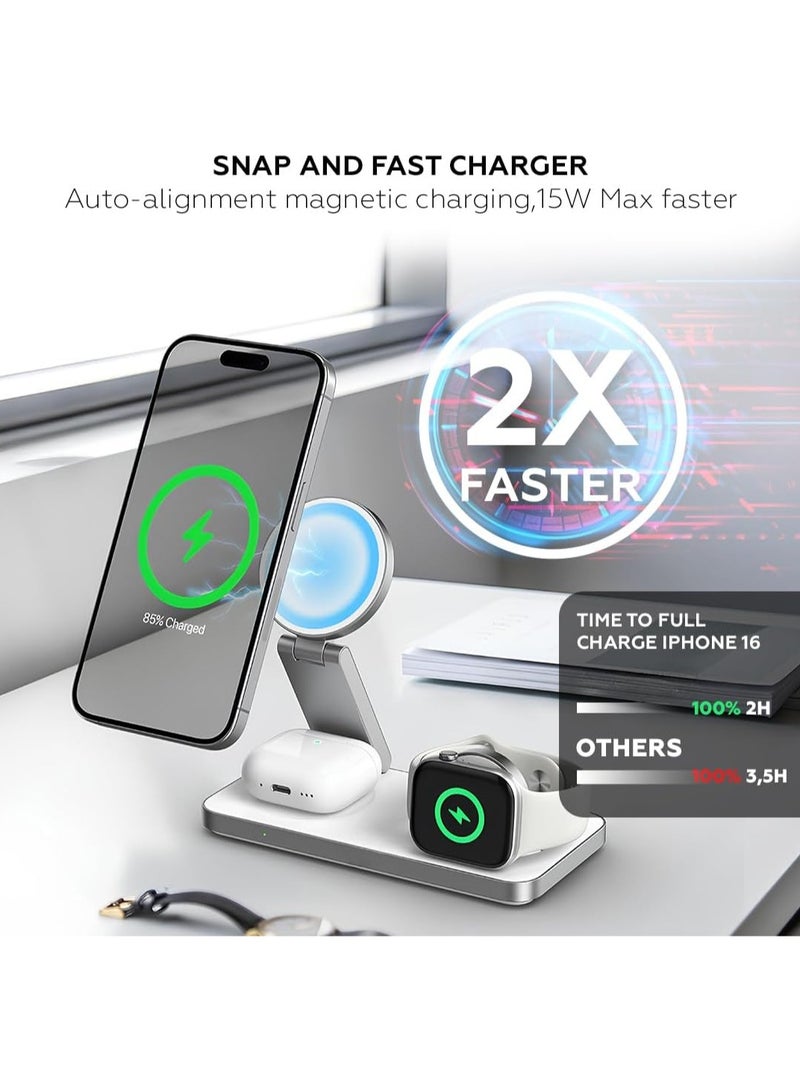3 in 1 Wireless Charging Station for Apple Compatible with Magsafe Charger Stand, Magnetic Wireless Charger Station for iPhone 16 15 14 13 12 Series, Airpods Pro, Apple Watch (White) - Image 2