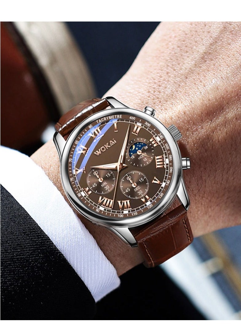 وكاي ساعة رياضية جديدة من Wokai Business Watch Quartz ، ساعة رجالية بحزام عارضة ، بني  - Image 1