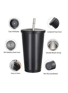 Reusable Iced Coffee Cup Tumbler with Straw and Lid for Adults, 17oz 500ml Vacuum Insulated Leakproof Cola Coffee Mug, Stainless Steel Water Cup for Cold or Warm Hot Drinking, Black