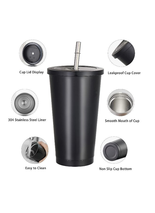Generic - Reusable Iced Coffee Cup Tumbler with Straw and Lid for Adults, 17oz 500ml Vacuum Insulated Leakproof Cola Coffee Mug, Stainless Steel Water Cup for Cold or Warm Hot Drinking, Black - Image 1