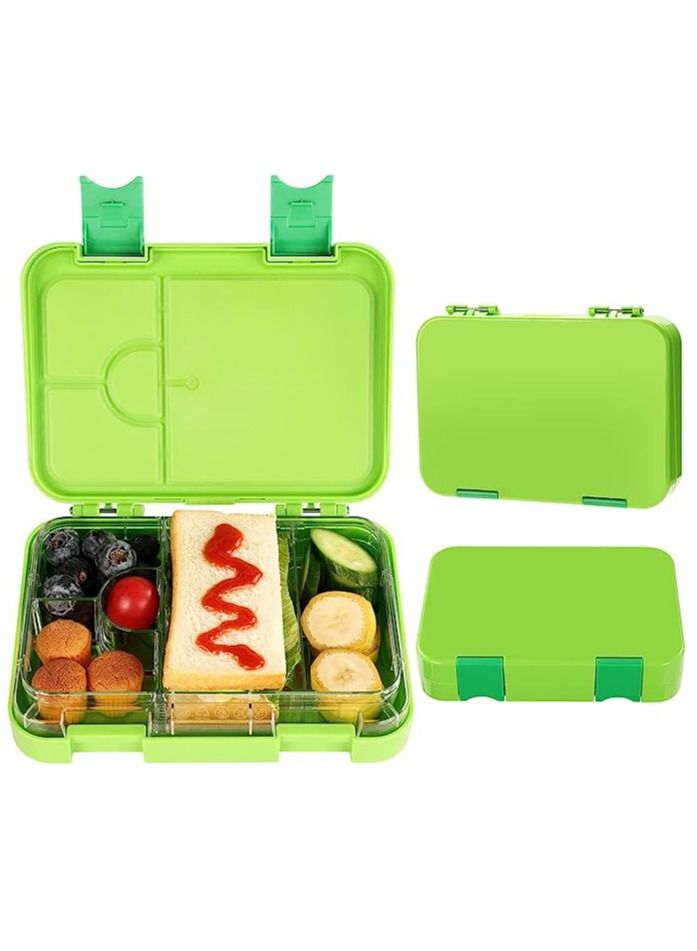 Arabest صندوق غداء بينتو بوكس بينتو للأطفال مع 6 أقسام - صندوق غداء مانع للتسرب للأولاد والبنات، خالٍ من البيسفينول A، آمن للاستخدام في غسالة الأطباق في الميكروويف، صندوق غداء للمدرسة (أخضر) - Image 1
