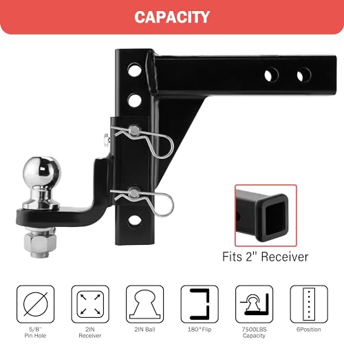 OPENROAD Adjustable Trailer Hitch Ball Mount - Fits 2-Inch Receiver, 2" Tow Balls, 7500lbs, 9-1/2" Drop/ 8-1/4" Rise, Heavy Duty Truck Hitch with Stainless Steel Pins and Lock - Image 2