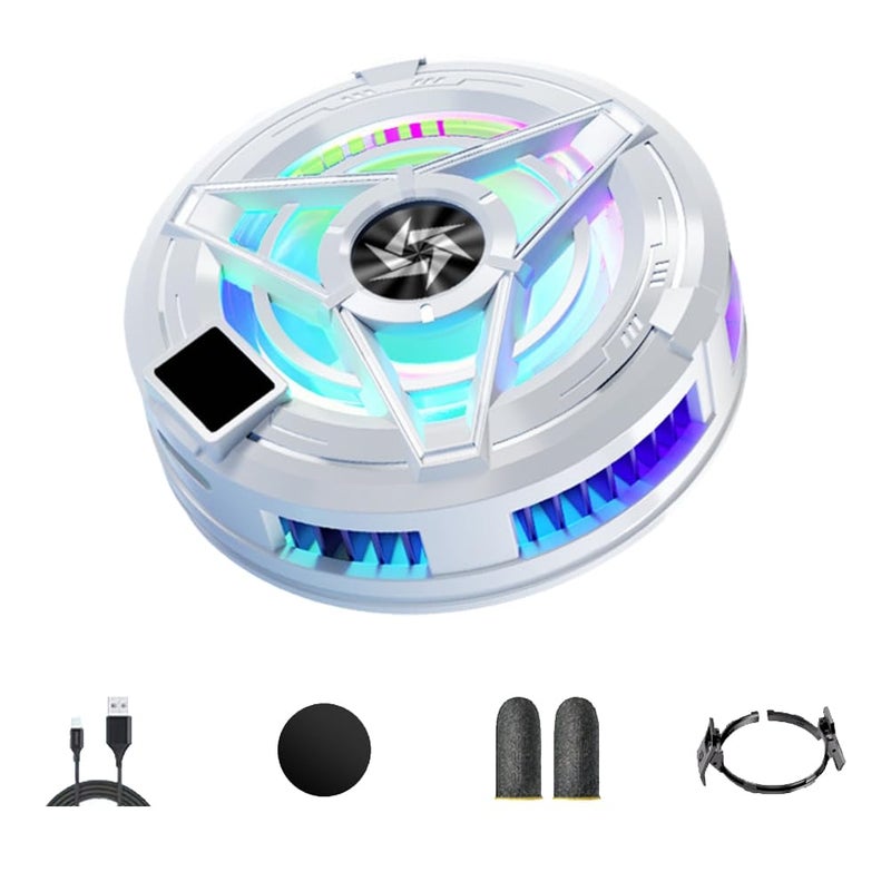 Silent semiconductor cooling fan, aluminum ABS material, white, including radiator, back clip, magnetic sheet, electrostatic film, charging cable, finger cover. - Image 1