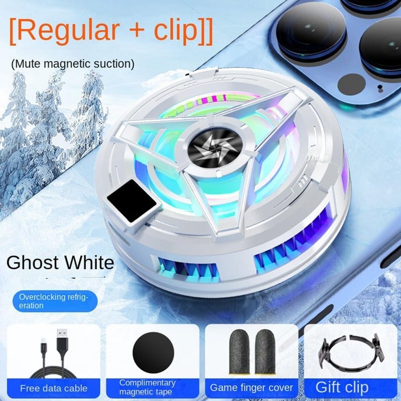 Silent semiconductor cooling fan, aluminum ABS material, white, including radiator, back clip, magnetic sheet, electrostatic film, charging cable, finger cover. - Image 5