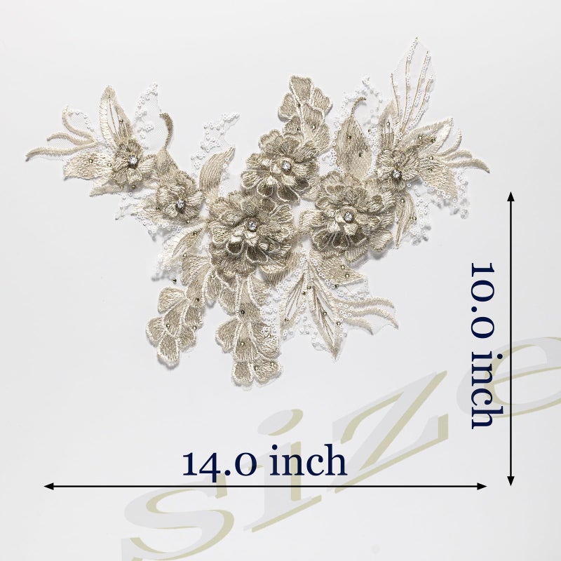 Silvora 3D Embroidered Flower Fabric Beaded Rhinestones Pearl Lace Applique, DIY Patches Accessory for Wedding Dressesï¼ŒNeckline Bodice Pants(Gold) - Image 2
