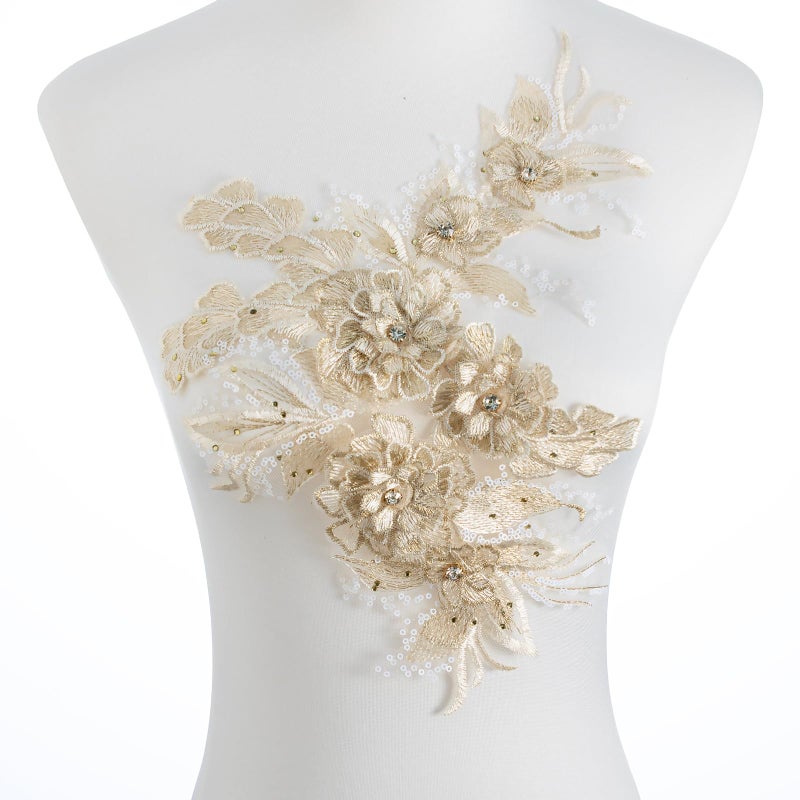 Silvora 3D Embroidered Flower Fabric Beaded Rhinestones Pearl Lace Applique, DIY Patches Accessory for Wedding Dressesï¼ŒNeckline Bodice Pants(Gold) - Image 1