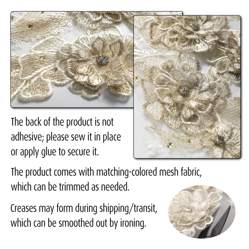 Silvora 3D Embroidered Flower Fabric Beaded Rhinestones Pearl Lace Applique, DIY Patches Accessory for Wedding Dressesï¼ŒNeckline Bodice Pants(Gold) - Image 4