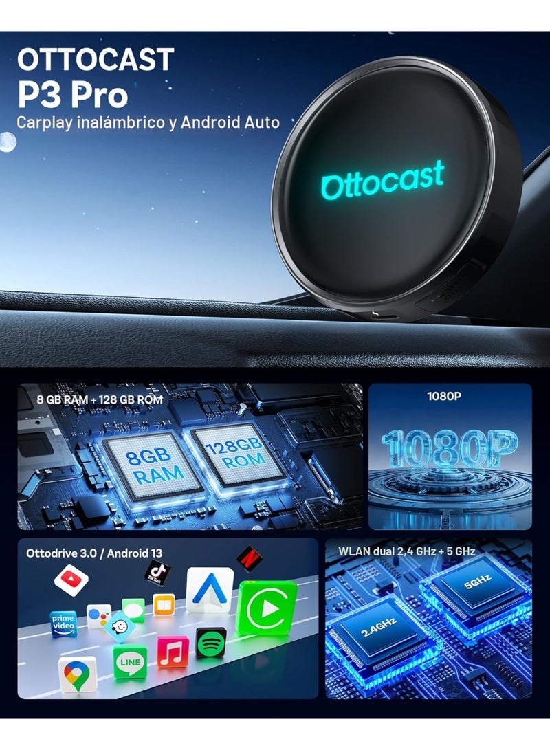 Ottocast P3 Pro, Wireless CarPlay Android Auto Adapter with Android 13, Snapdragon SM6225, 8GB RAM + 128GB ROM, HDMI 1080P, WiFi 6, Split Screen and AI Voice Assistant, Compatible from 2016 - Image 2