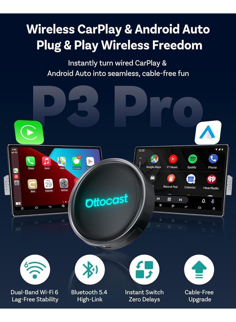 Ottocast P3 Pro, Wireless CarPlay Android Auto Adapter with Android 13, Snapdragon SM6225, 8GB RAM + 128GB ROM, HDMI 1080P, WiFi 6, Split Screen and AI Voice Assistant, Compatible from 2016 - Image 4
