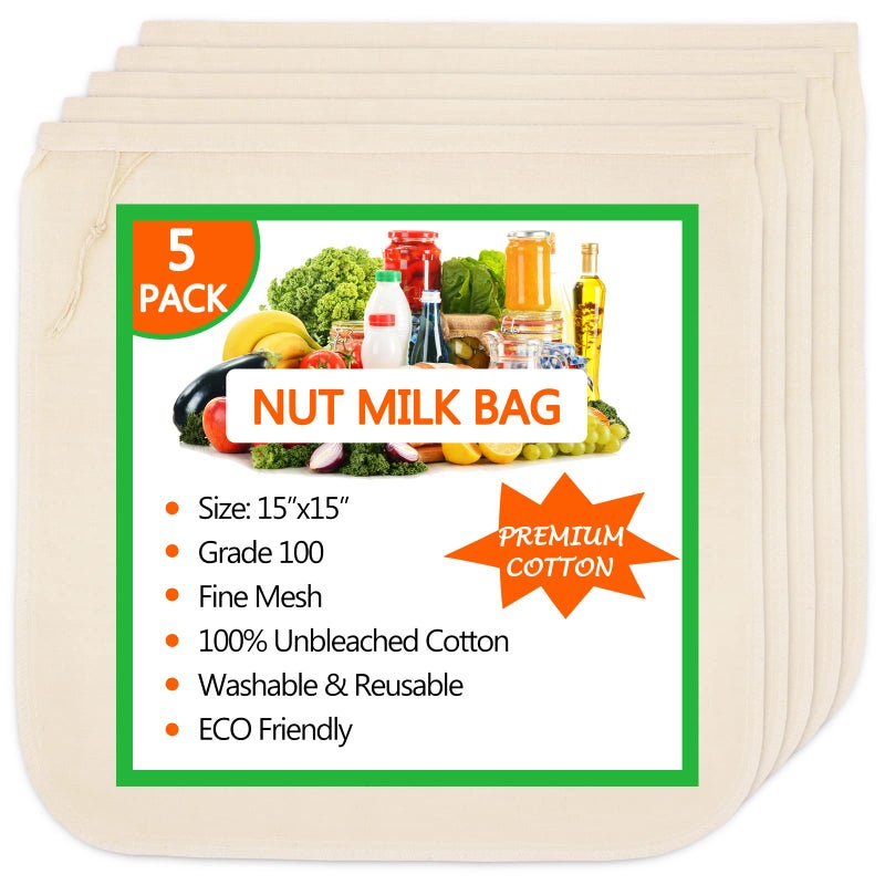 Huppar 5 Pack Nut Milk Bag 15x15 Cheesecloth bags for Straining Reusable 100 Unbleached Cotton Cloth AlmondOatSoy Milk Strainer Filter Bag for CheeseYogurtJuiceCold Brew Coffee WineSoup