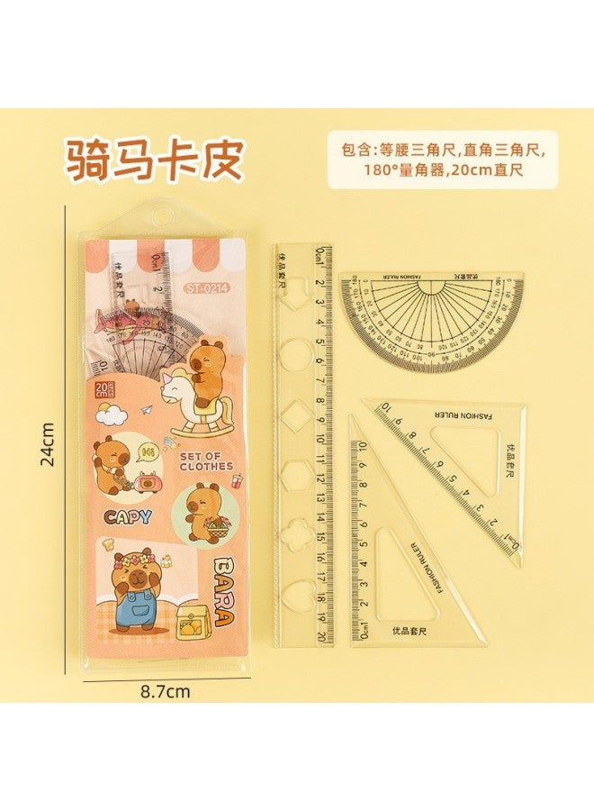 HELPS Creative Capybara Ruler Set, 4-piece Student Stationery With Cartoon Capybara Design, 20cm Ruler And Triangle Protractor For Exams - Image 1