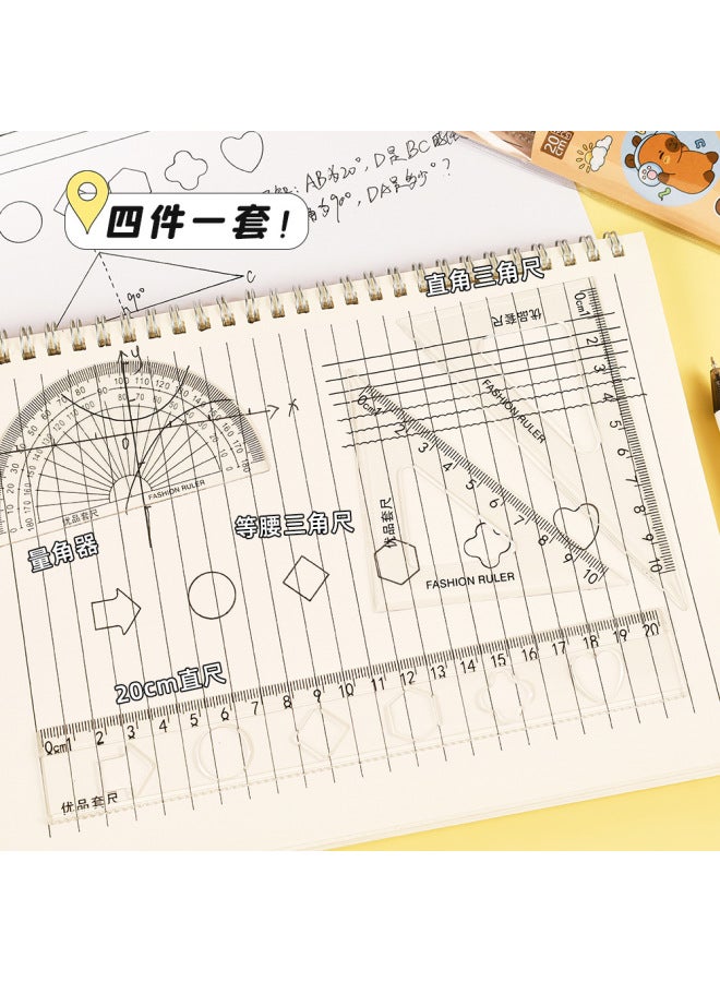 HELPS Creative Capybara Ruler Set, 4-piece Student Stationery With Cartoon Capybara Design, 20cm Ruler And Triangle Protractor For Exams - Image 2