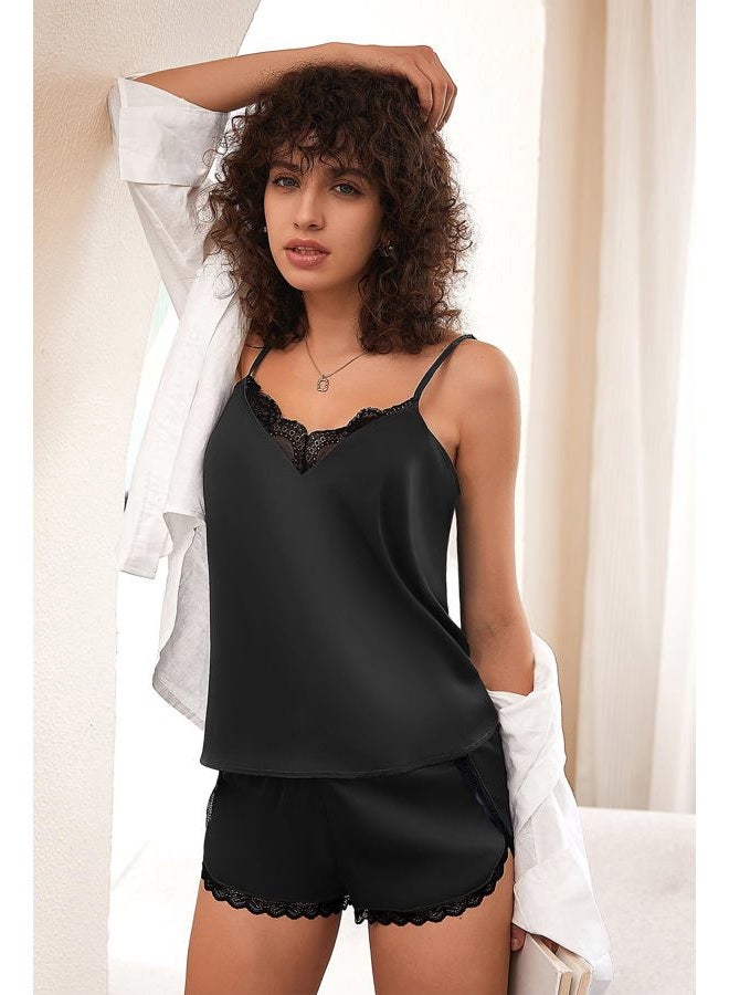 Ekouaer Satin Pajama Set for Women 2 Piece Silky Lingerie Sleepwear Lace Camisole Pj Shorts Set Soft Nightwear S-XXL, 01-black, M - Image 4