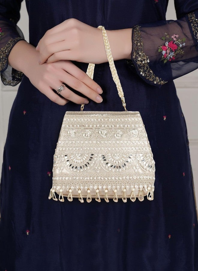 Nevis Stylish Embroidery Unique Desing Traditional Wedding Party Handheld Portli Bag For Women (GOLD) - Image 2