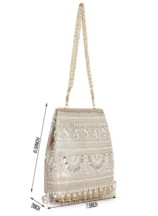 Nevis Stylish Embroidery Unique Desing Traditional Wedding Party Handheld Portli Bag For Women (GOLD) - Image 4