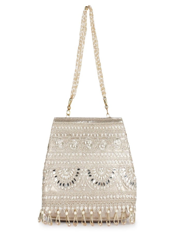 Nevis Stylish Embroidery Unique Desing Traditional Wedding Party Handheld Portli Bag For Women (GOLD) - Image 1