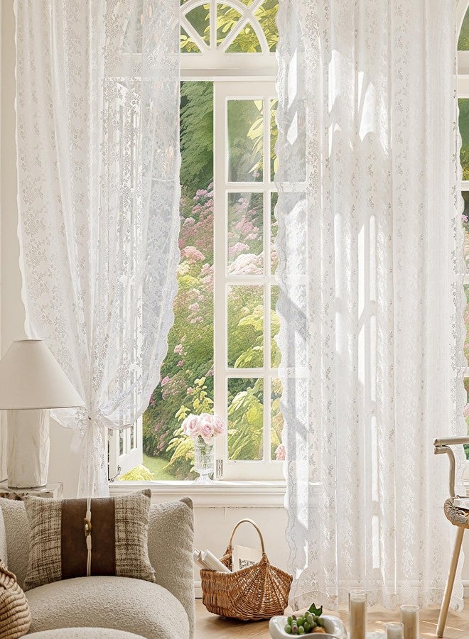 Anmao Vintage Lace Curtains 84 Inches Long 2 Panels, Romantic Semi Sheer Floral Lacy Curtains for Living Room, Elegant Window Drapes for Bedroom with Bow Curtain Ties, 59 Inch Wide Each Panel, White - Image 5