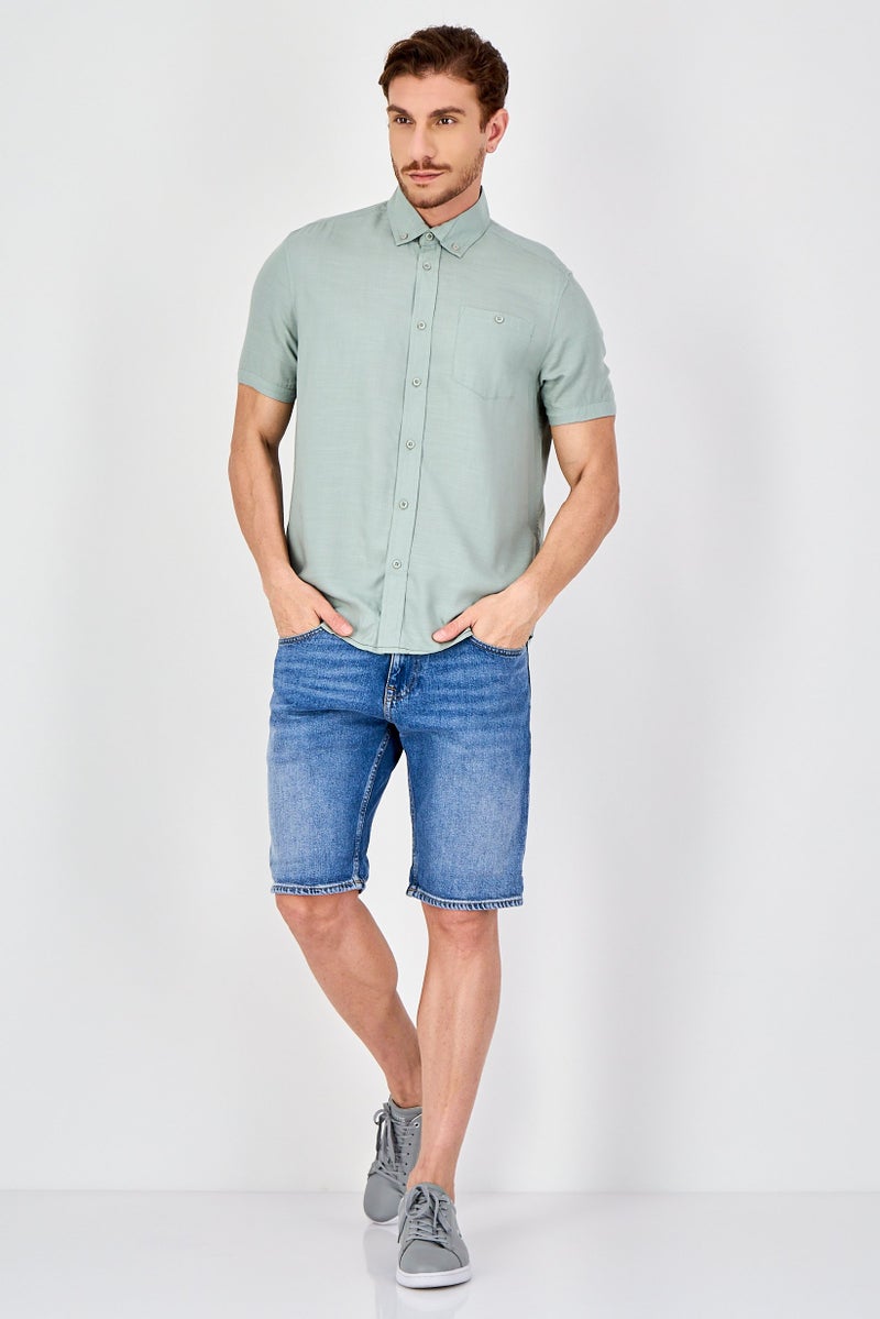Report Collection Men Regular Fit Solid Short Sleeve Casual Shirt, Sage Green - Image 3