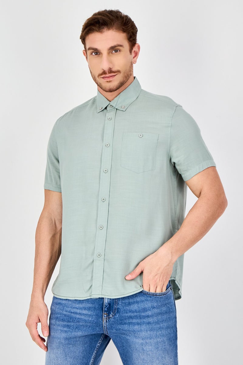 Report Collection Men Regular Fit Solid Short Sleeve Casual Shirt, Sage Green - Image 1